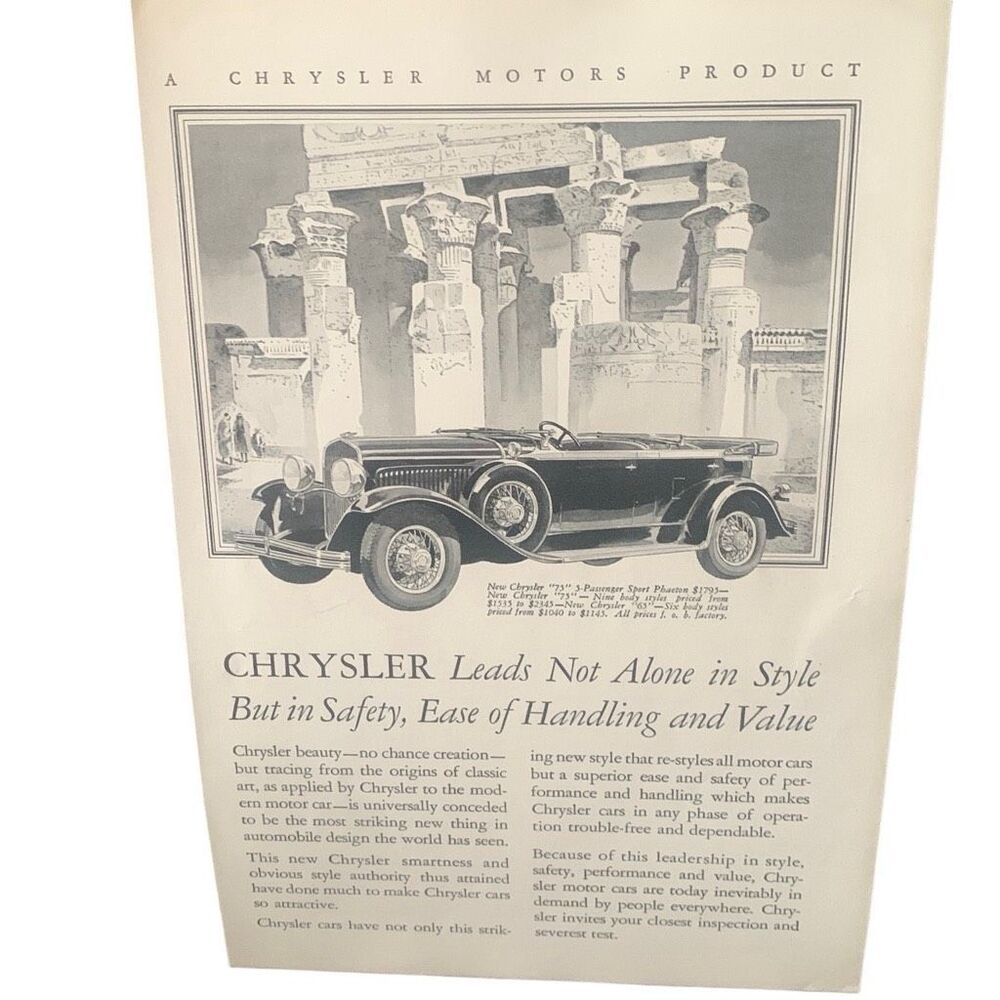 Vintage 1929 Chrysler 3 Passenger Phaeton Ad Advertisment